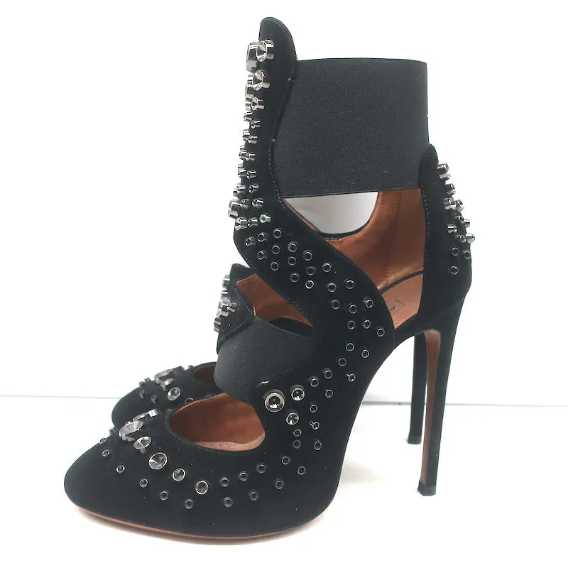 Alaia Cutout Booties Black Studded Suede Size 39 High Heel Ankle Boots