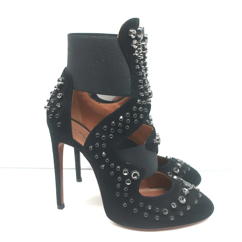 Alaia Cutout Booties Black Studded Suede Size 39 High Heel Ankle Boots