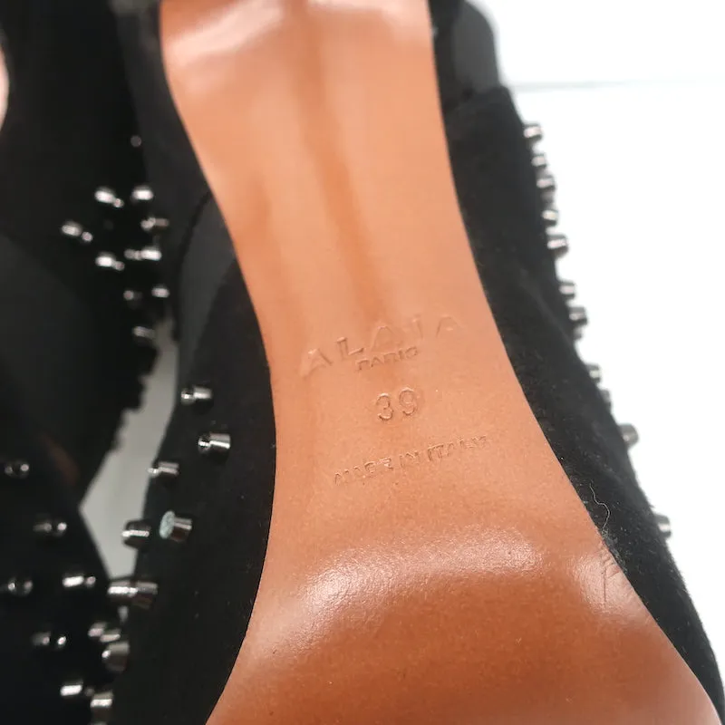 Alaia Cutout Booties Black Studded Suede Size 39 High Heel Ankle Boots