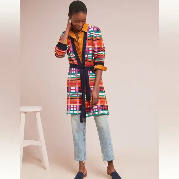 Anthropologie MOTH Long Cardigan Sweater Women’s Sz XS Willingston Plaid Belted