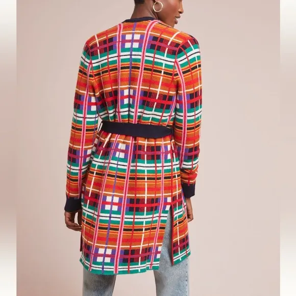 Anthropologie MOTH Long Cardigan Sweater Women’s Sz XS Willingston Plaid Belted