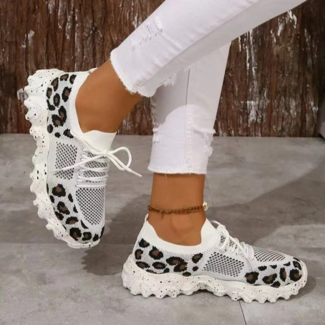 Athletic Shoes - Leopard Mesh Round Toe Athletic