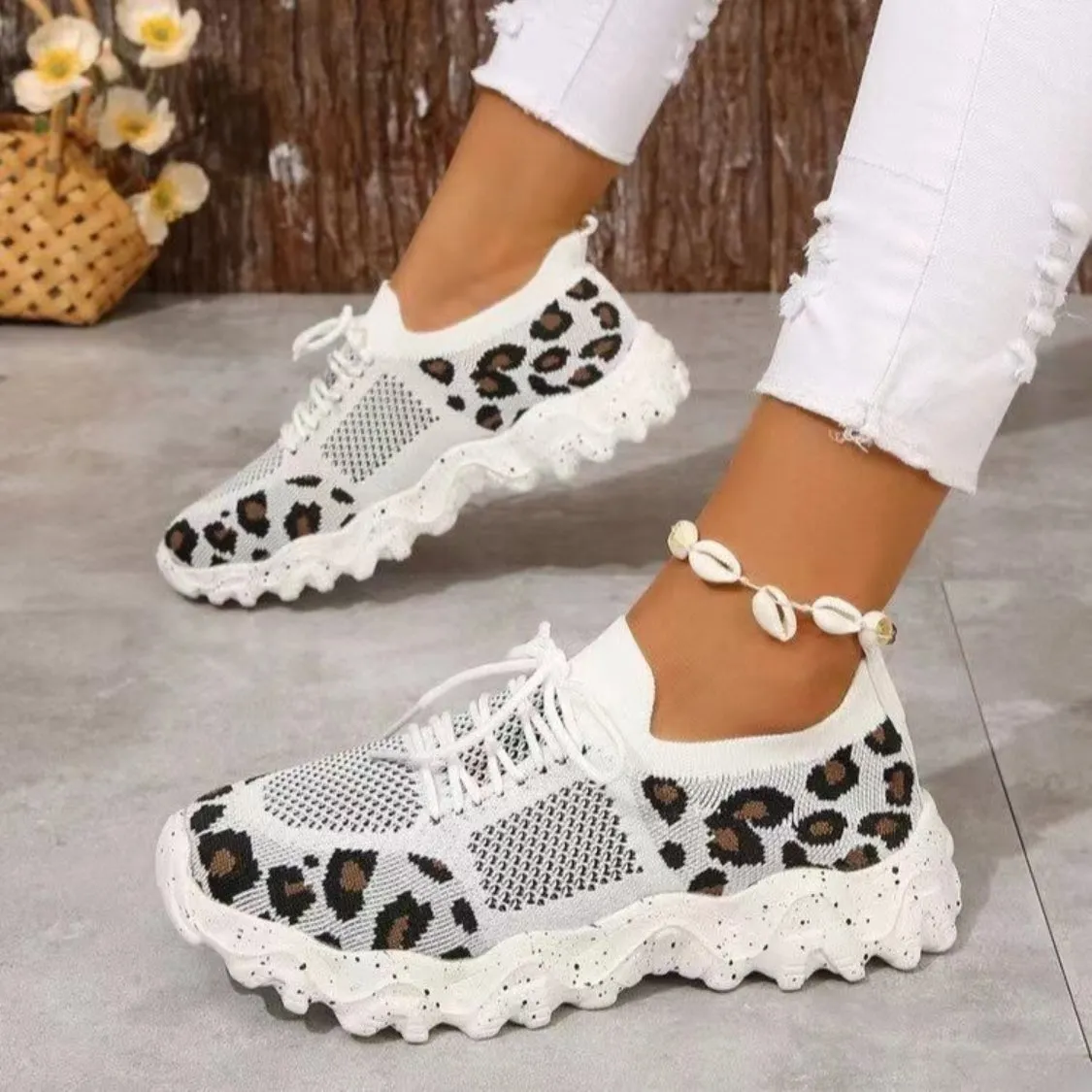 Athletic Shoes - Leopard Mesh Round Toe Athletic