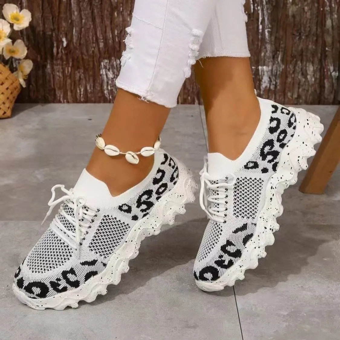 Athletic Shoes - Leopard Mesh Round Toe Athletic