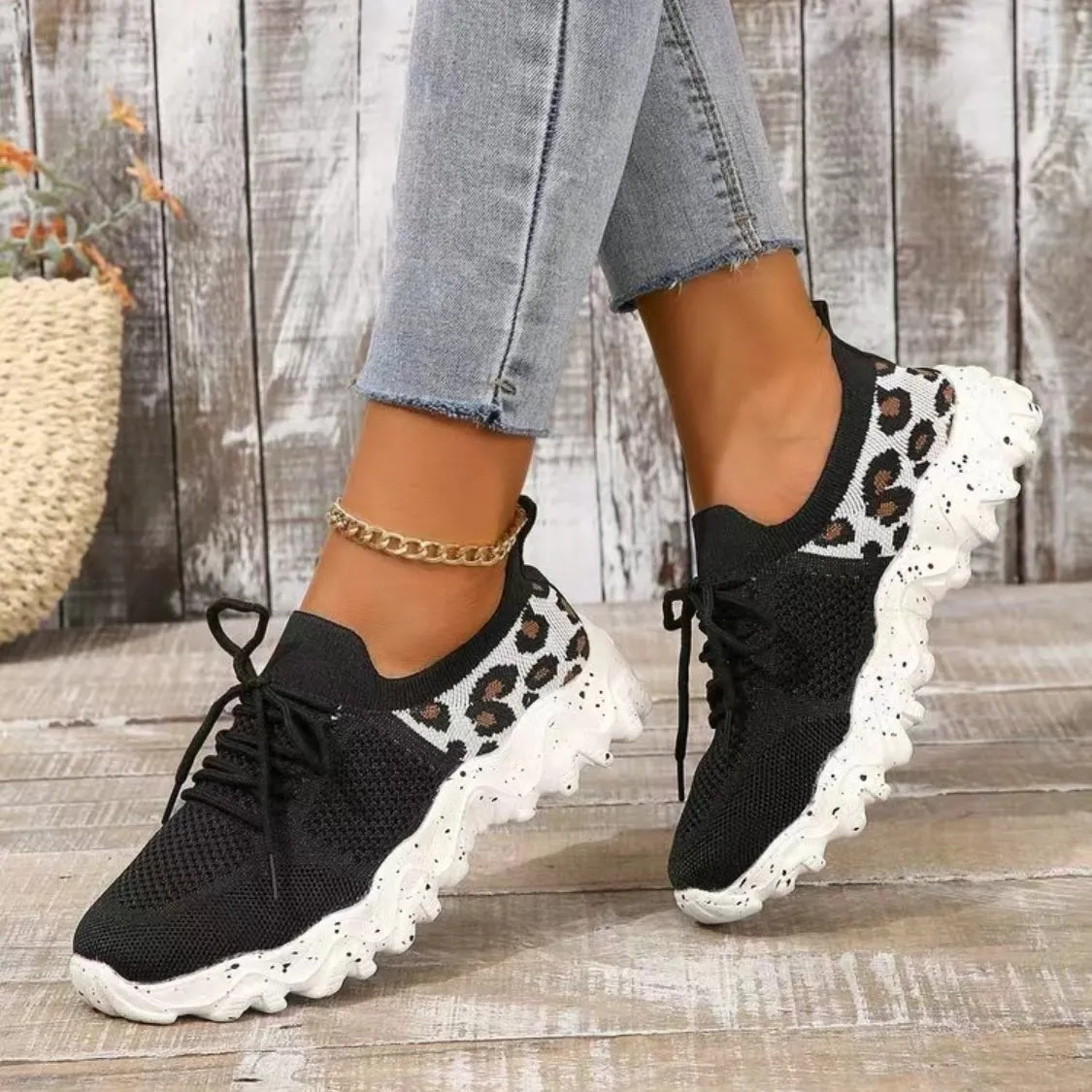 Athletic Shoes - Leopard Mesh Round Toe Athletic