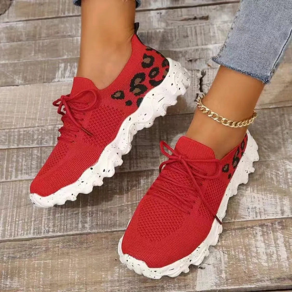 Athletic Shoes - Leopard Mesh Round Toe Athletic