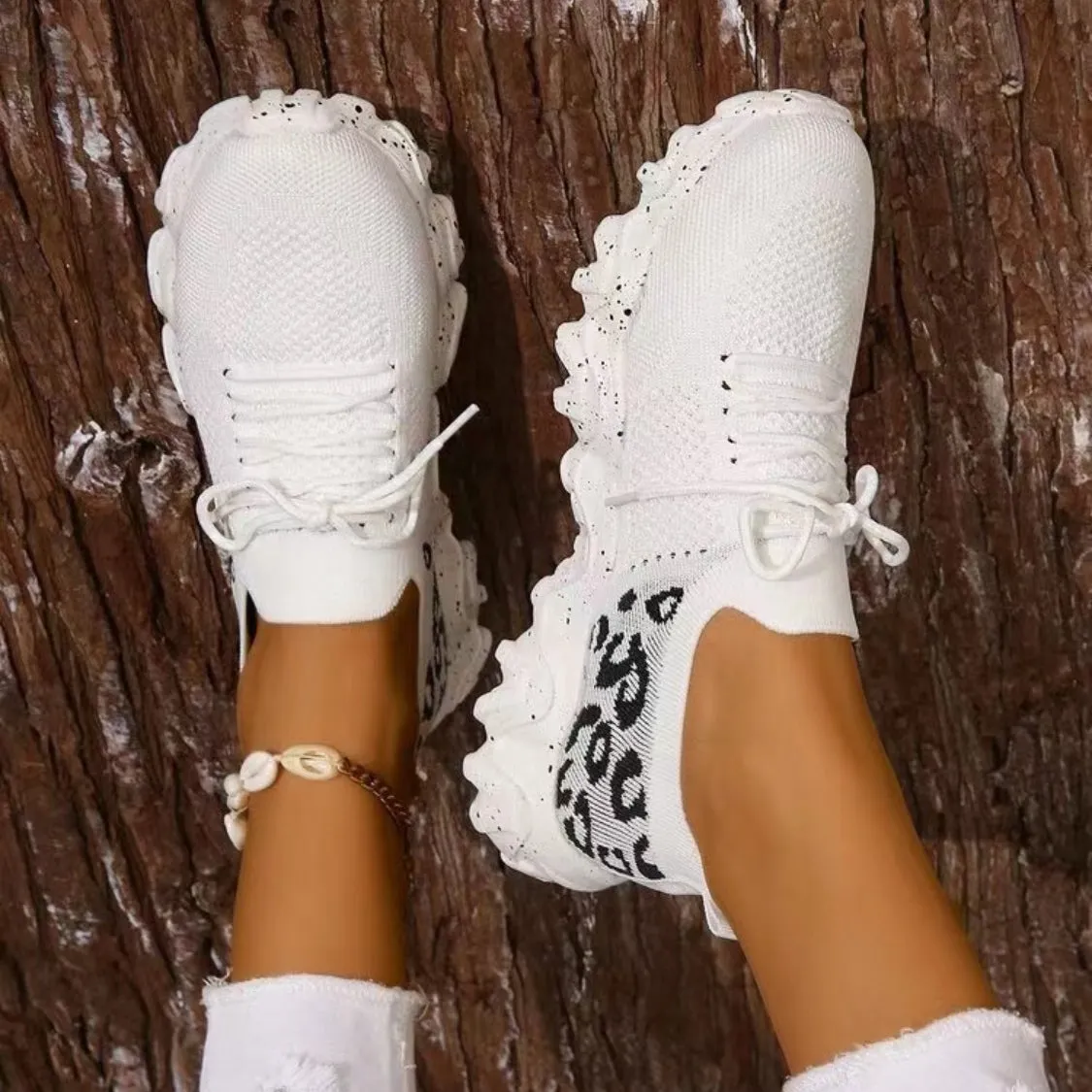Athletic Shoes - Leopard Mesh Round Toe Athletic