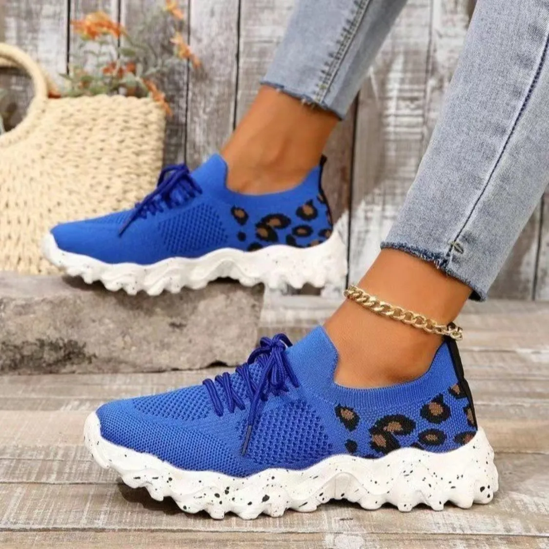 Athletic Shoes - Leopard Mesh Round Toe Athletic