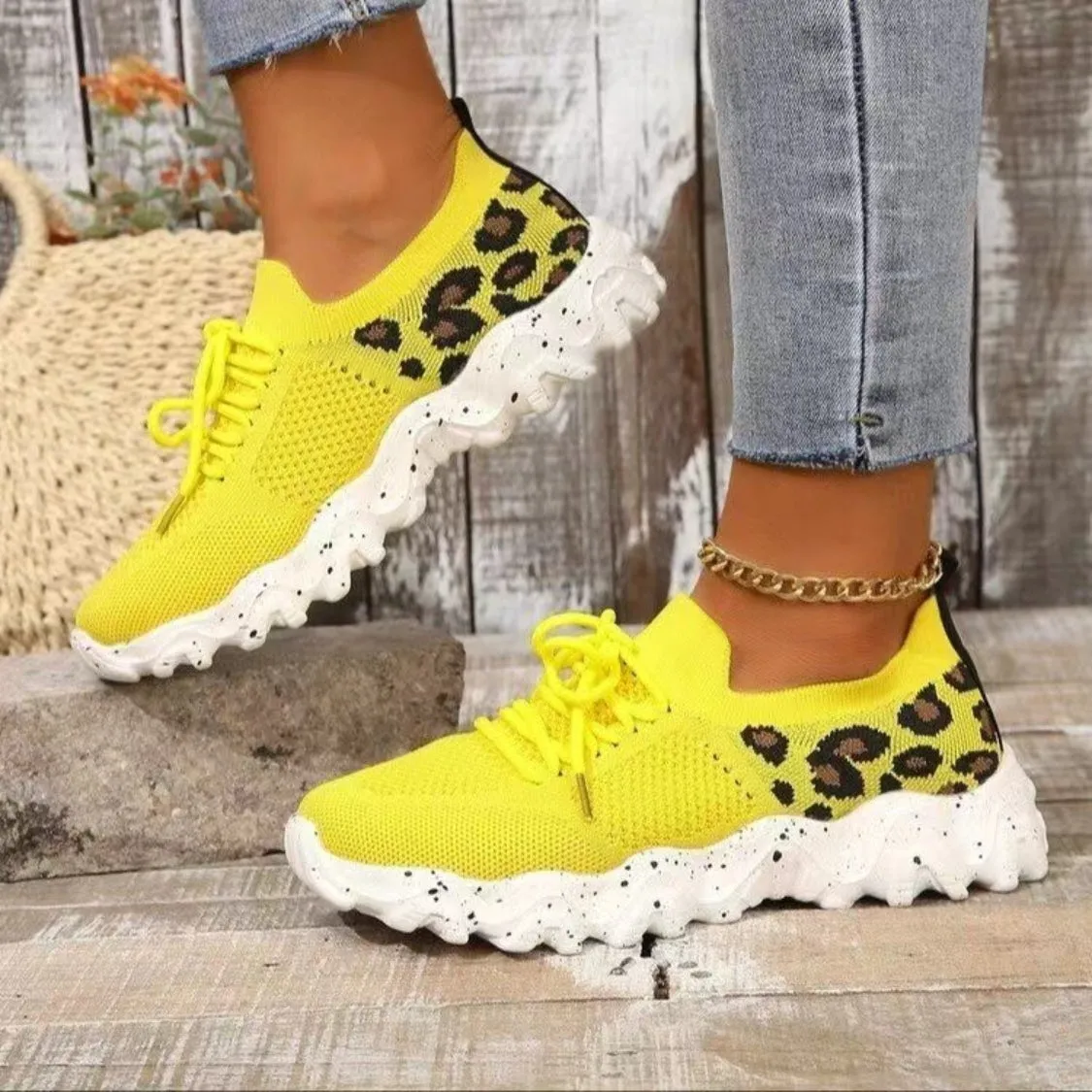 Athletic Shoes - Leopard Mesh Round Toe Athletic