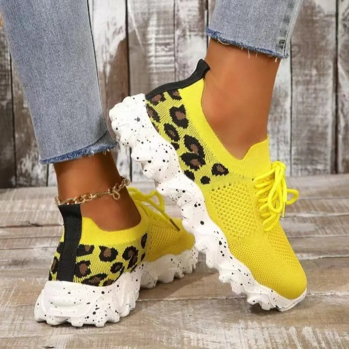Athletic Shoes - Leopard Mesh Round Toe Athletic