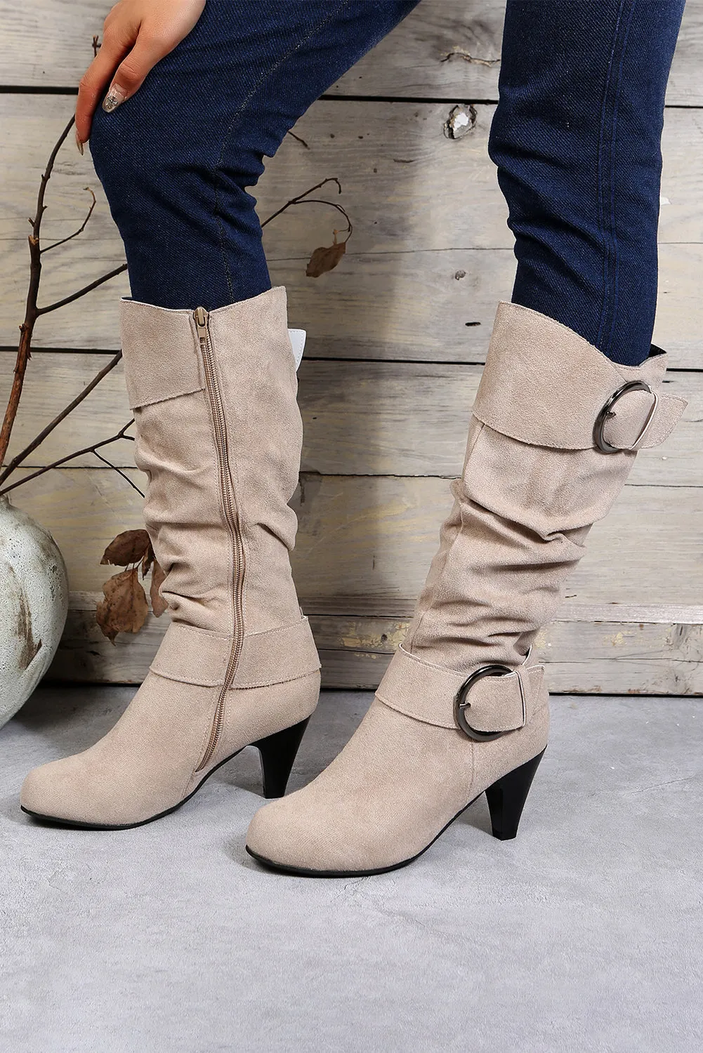 Beige Pointed Toe Buckle Decor Zipper Heeled Boots