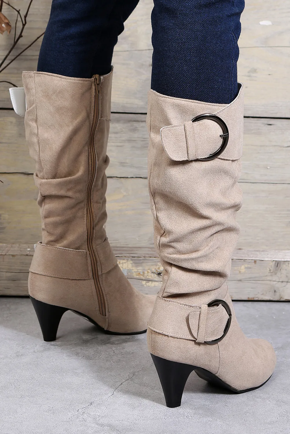 Beige Pointed Toe Buckle Decor Zipper Heeled Boots