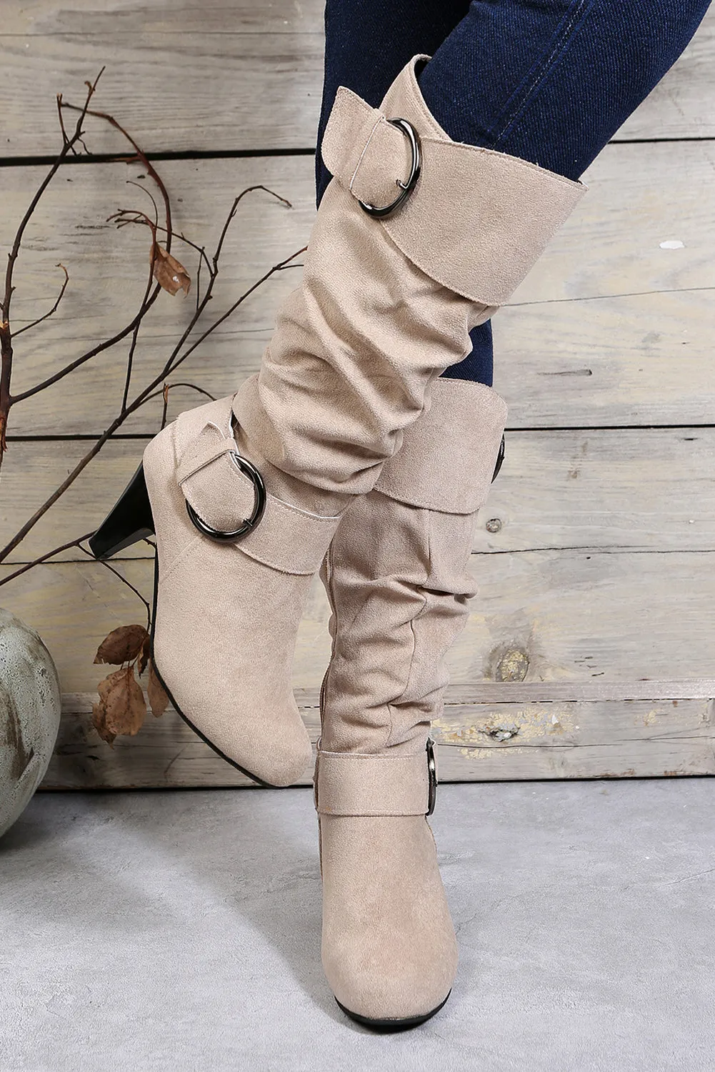 Beige Pointed Toe Buckle Decor Zipper Heeled Boots