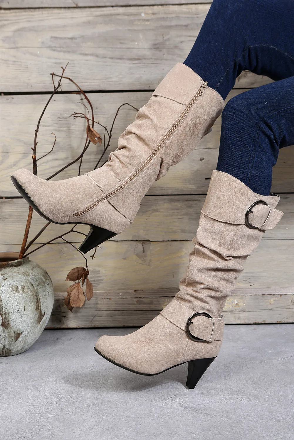Beige Pointed Toe Buckle Decor Zipper Heeled Boots
