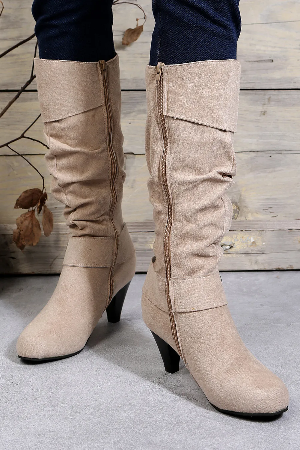 Beige Pointed Toe Buckle Decor Zipper Heeled Boots