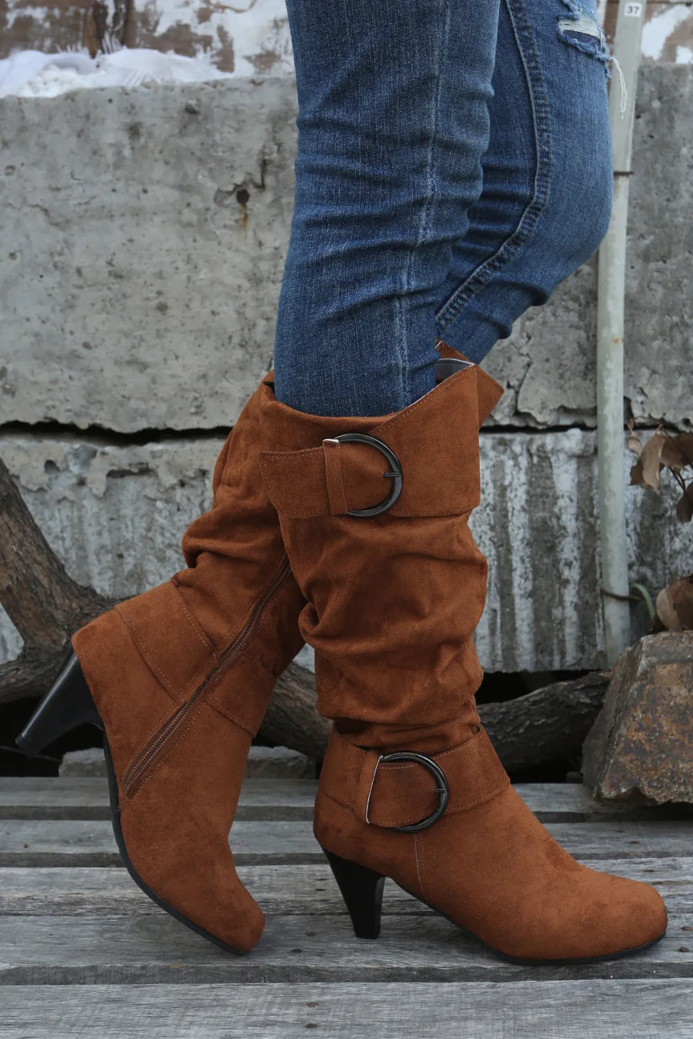 Beige Pointed Toe Buckle Decor Zipper Heeled Boots