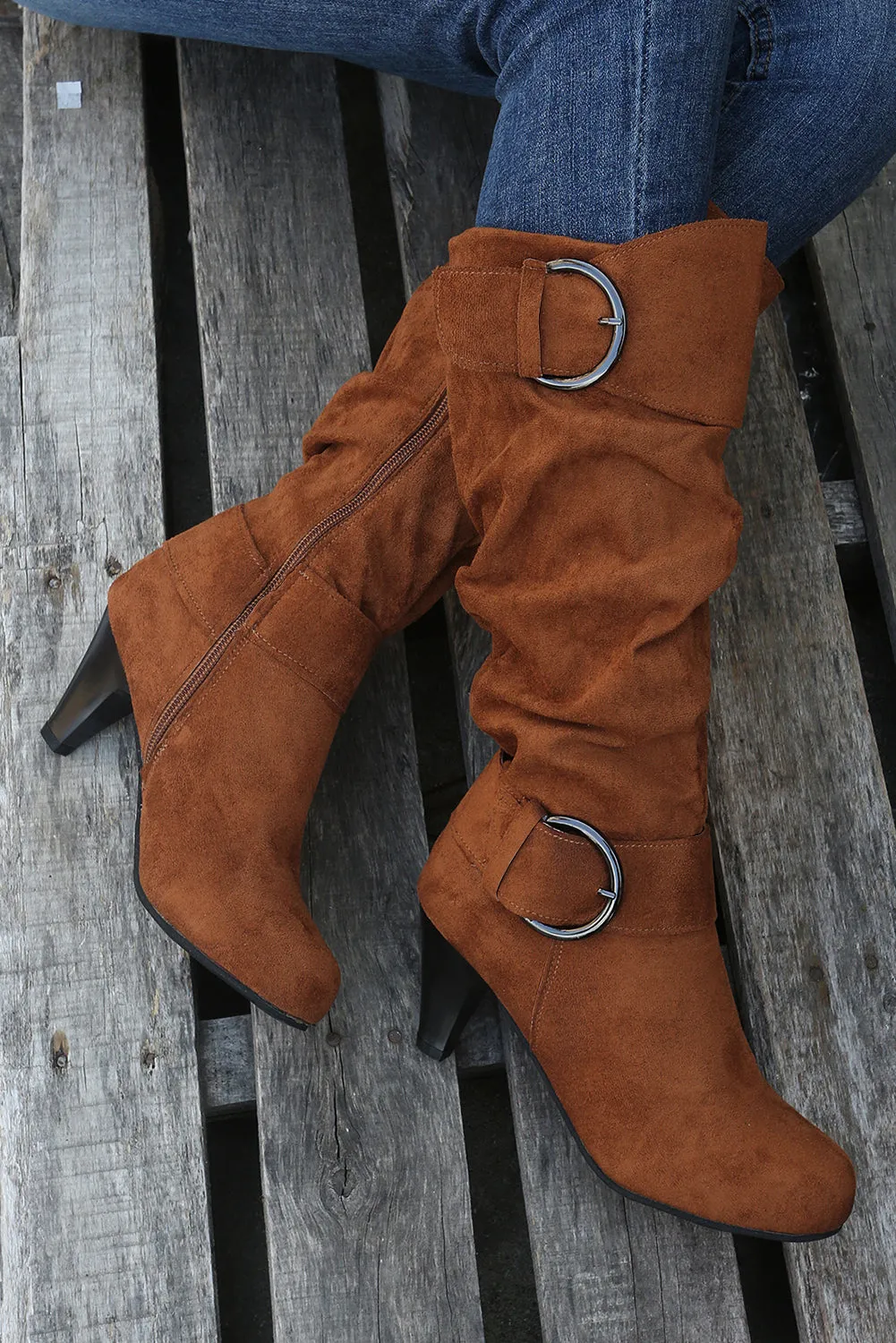 Beige Pointed Toe Buckle Decor Zipper Heeled Boots