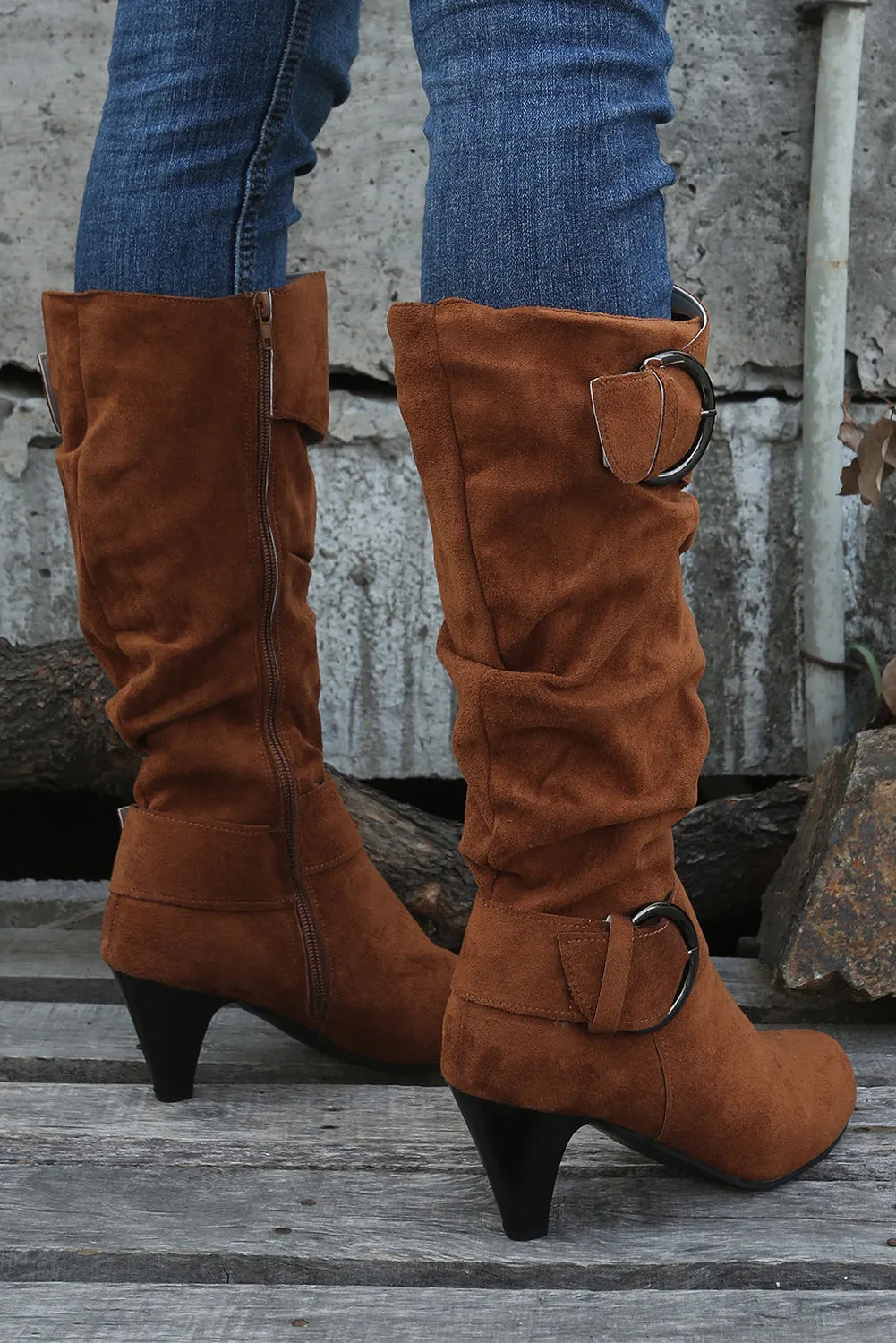 Beige Pointed Toe Buckle Decor Zipper Heeled Boots