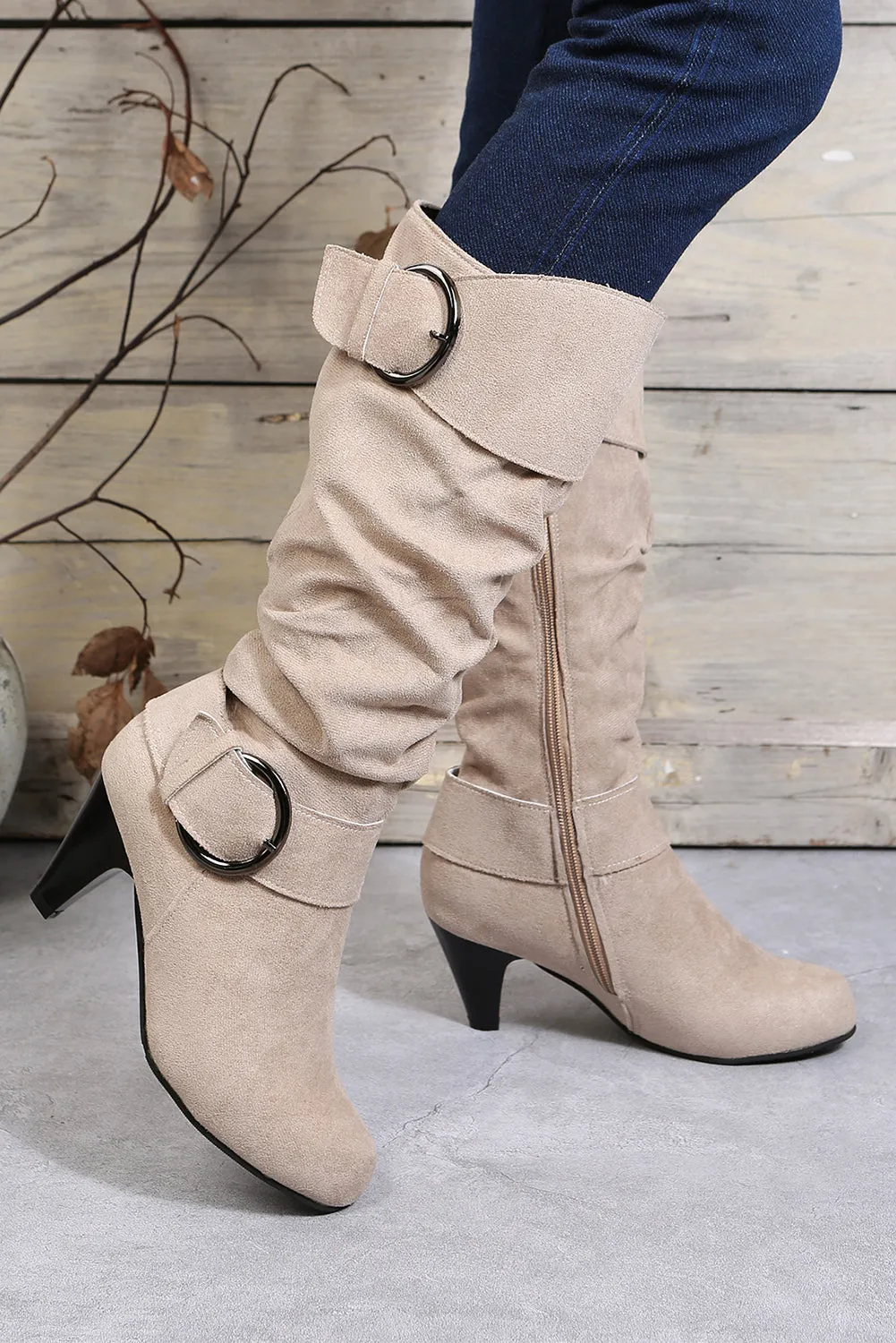 Beige Pointed Toe Buckle Decor Zipper Heeled Boots