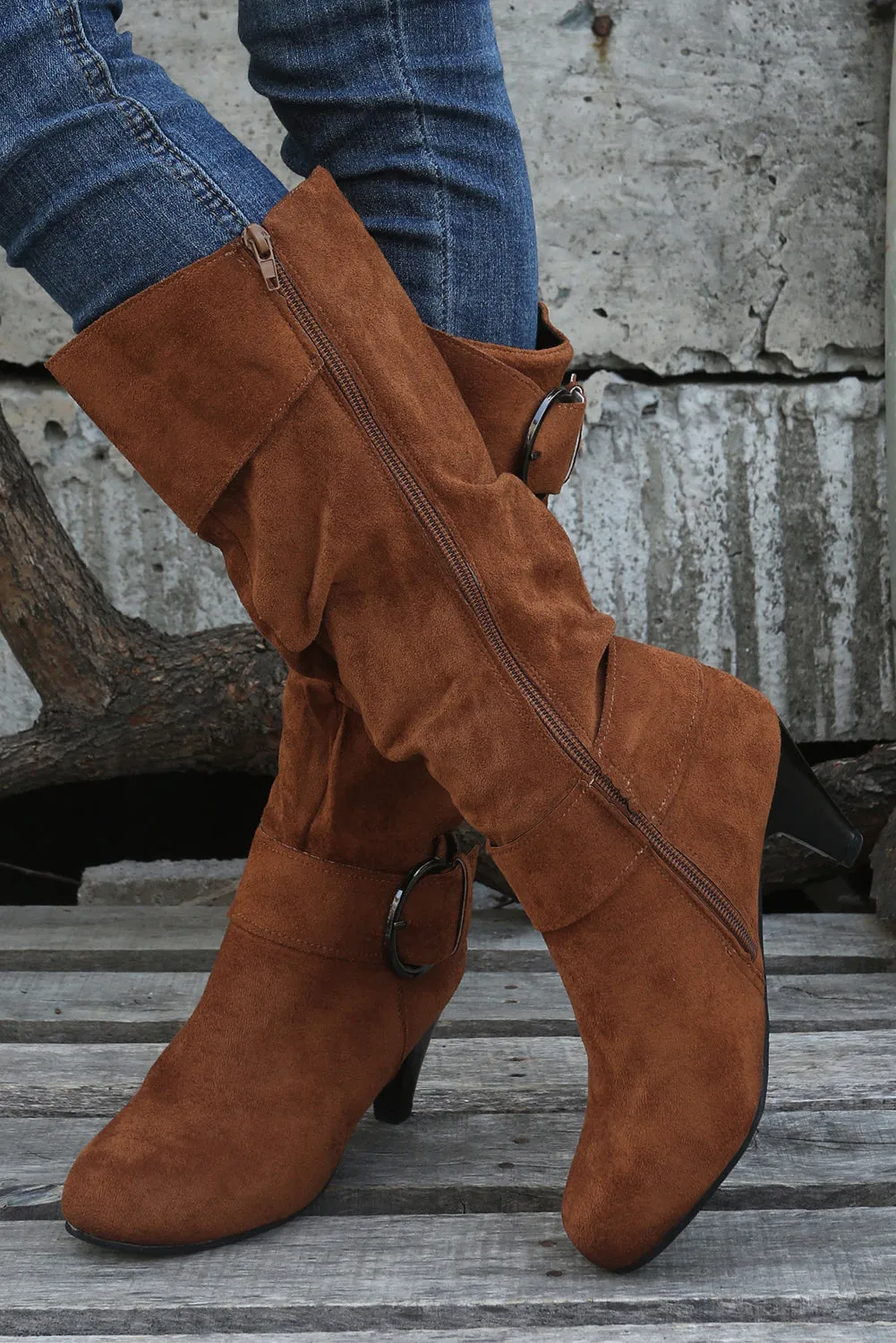 Beige Pointed Toe Buckle Decor Zipper Heeled Boots