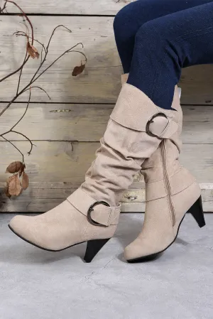 Beige Pointed Toe Buckle Decor Zipper Heeled Boots