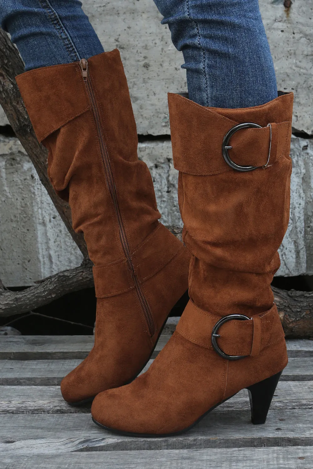 Beige Pointed Toe Buckle Decor Zipper Heeled Boots