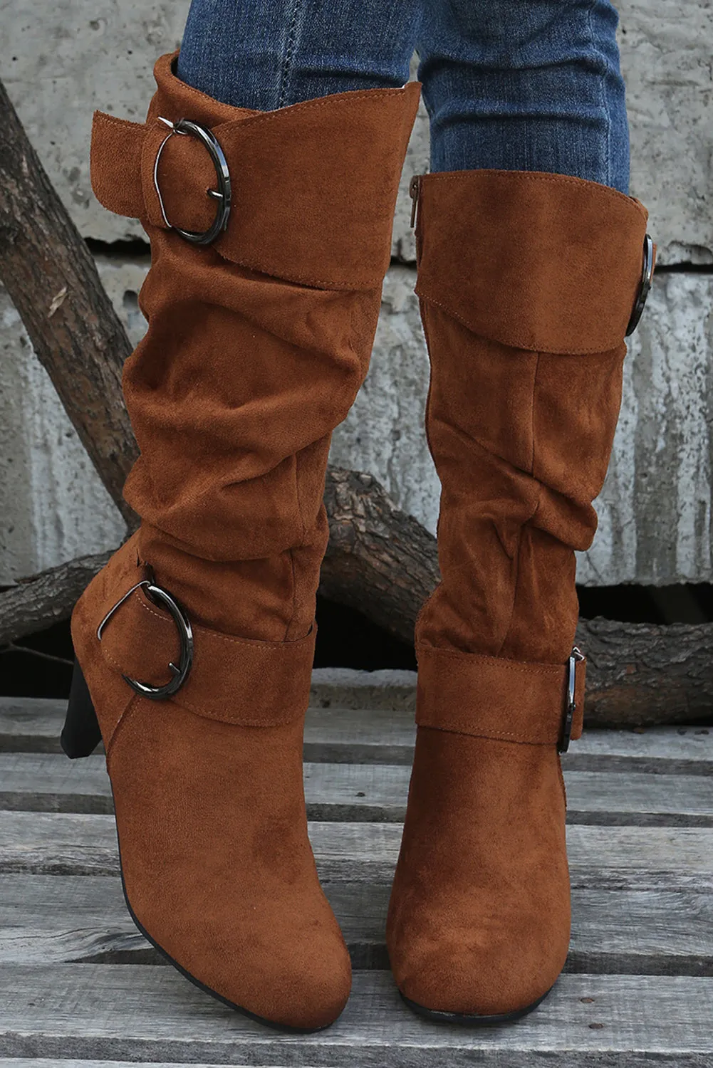Beige Pointed Toe Buckle Decor Zipper Heeled Boots
