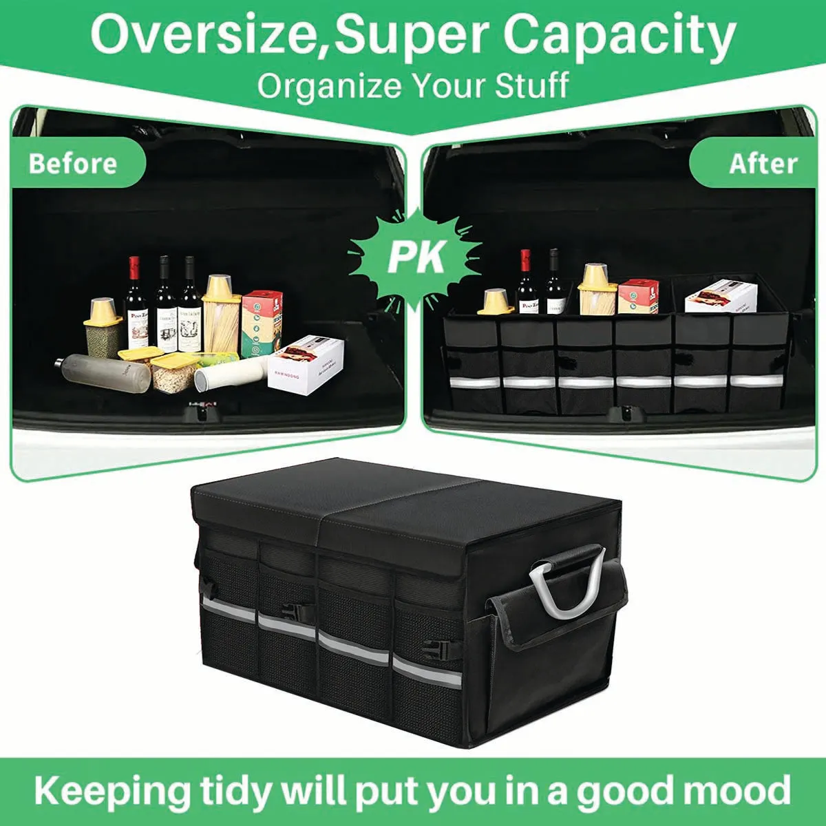 Big Trunk Organizer, Cargo Organizer SUV Trunk Storage Waterproof Collapsible Durable Multi Compartments MY12994