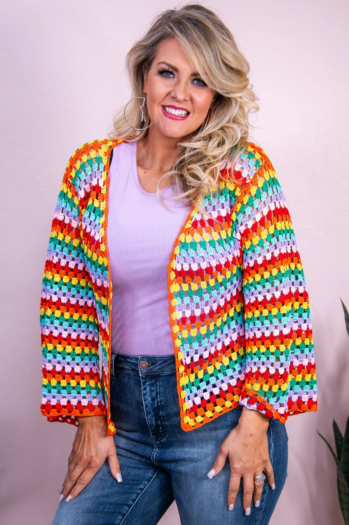 Breezy Days Orange/Multi Color Knitted Mesh Kimono - O5486OR