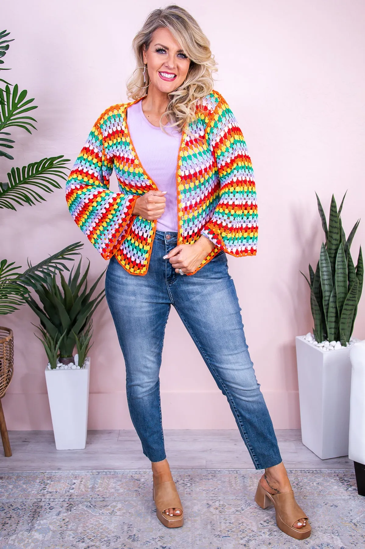 Breezy Days Orange/Multi Color Knitted Mesh Kimono - O5486OR