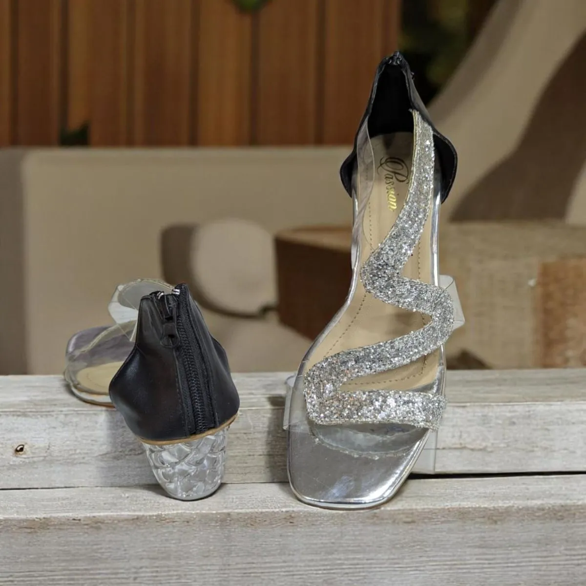 Chic Gray & Black Strappy Sandals with Glitter Sparkle