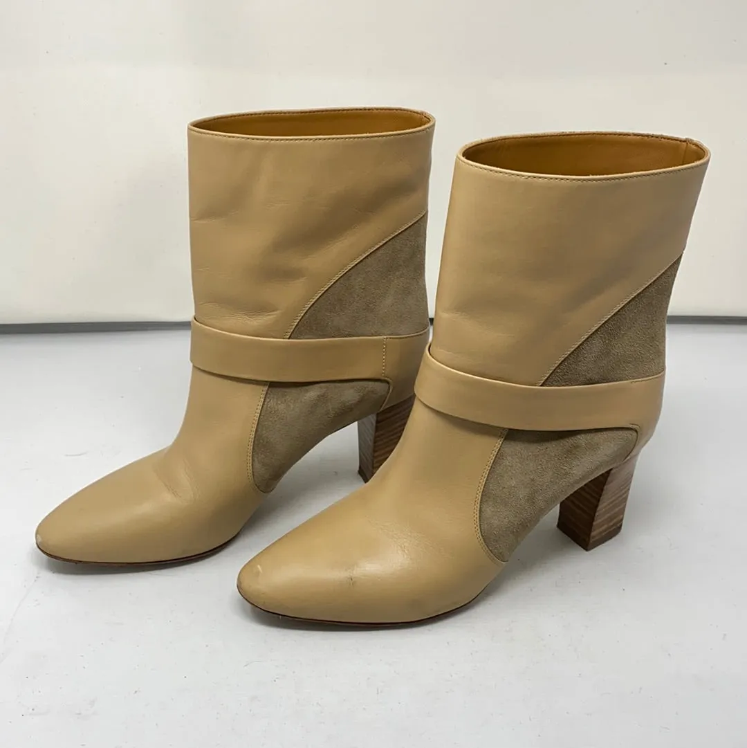 Chloe Beige Leather Bootie with Suede and Wooden Heel Bootie