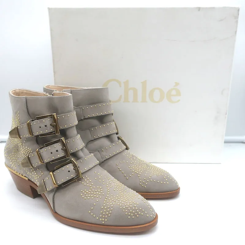 Chloe Susanna Studded Ankle Boots Ash Gray Suede Size 36 Buckle Booties NEW
