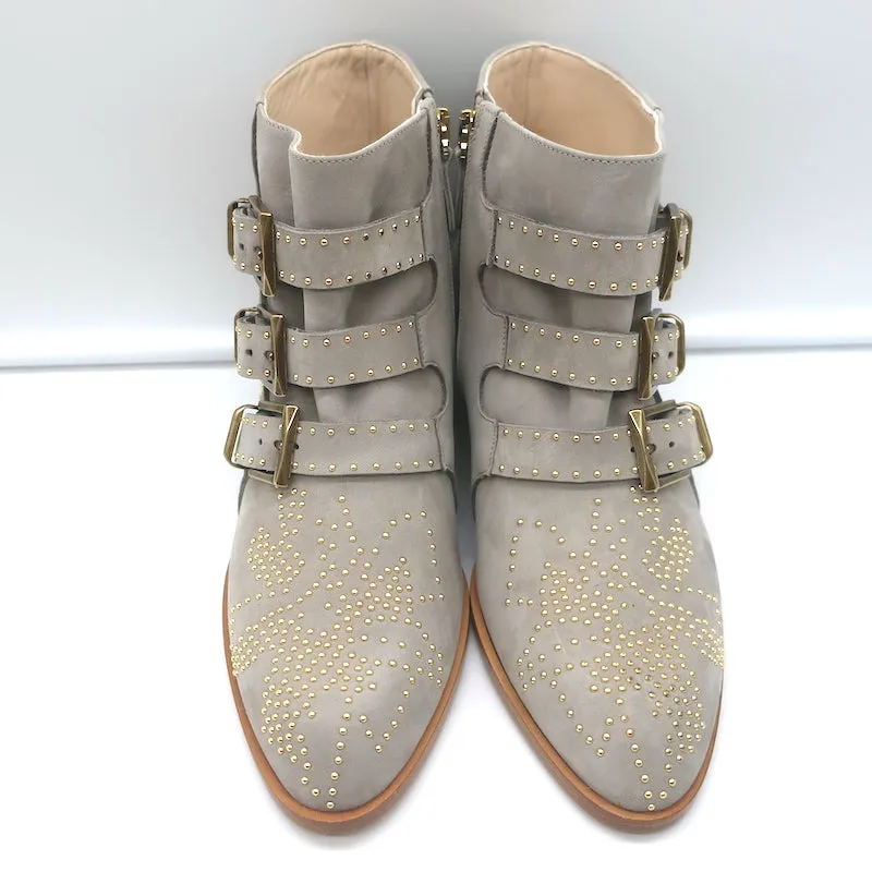 Chloe Susanna Studded Ankle Boots Ash Gray Suede Size 36 Buckle Booties NEW
