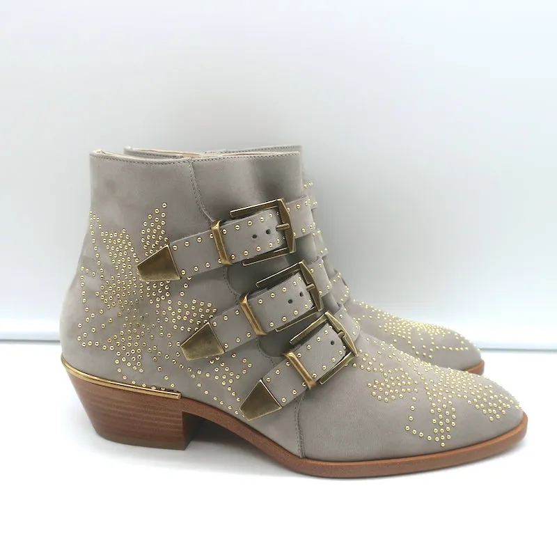 Chloe Susanna Studded Ankle Boots Ash Gray Suede Size 36 Buckle Booties NEW