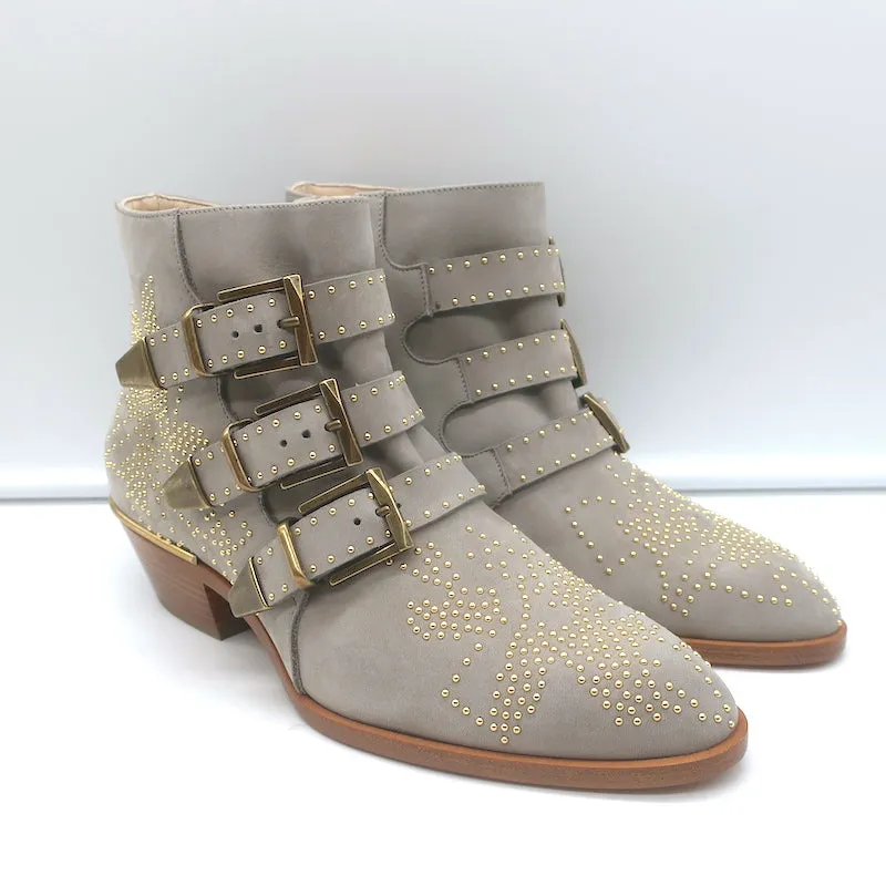 Chloe Susanna Studded Ankle Boots Ash Gray Suede Size 36 Buckle Booties NEW
