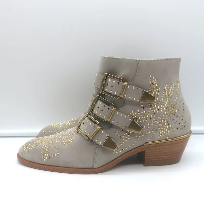 Chloe Susanna Studded Ankle Boots Ash Gray Suede Size 36 Buckle Booties NEW