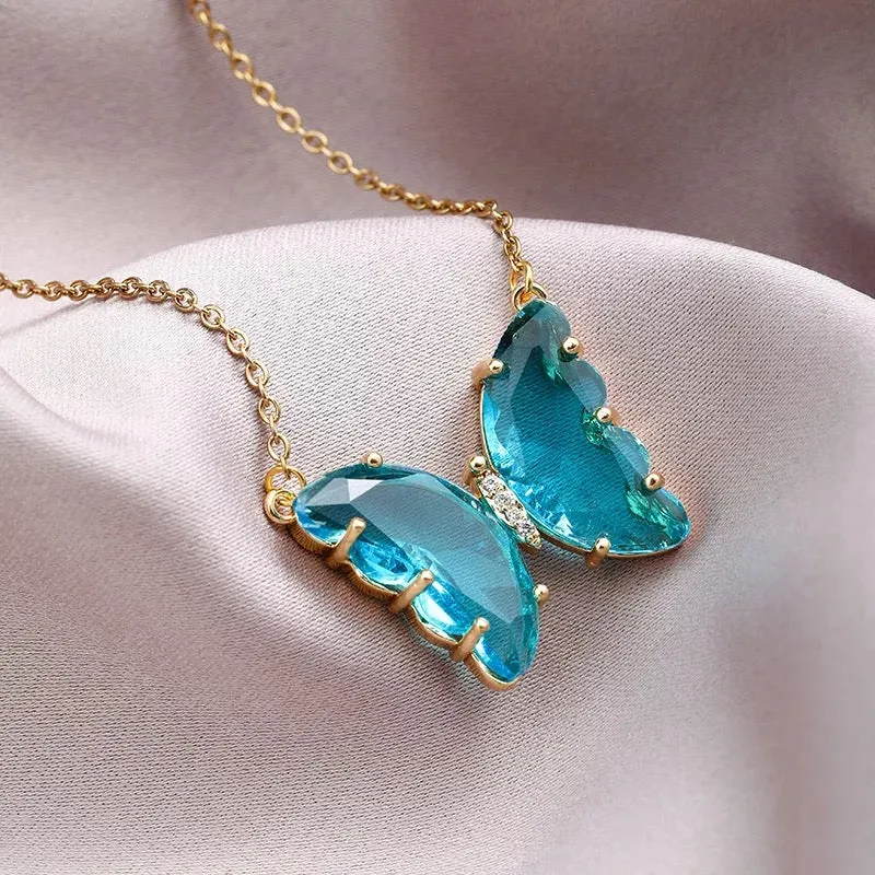 Combo Of 2 Green Blue Crystal Butterfly Pendant