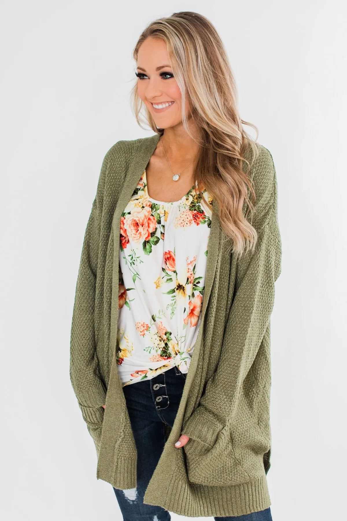 Cozy As Can Be Long Knitted Cardigan- Olive