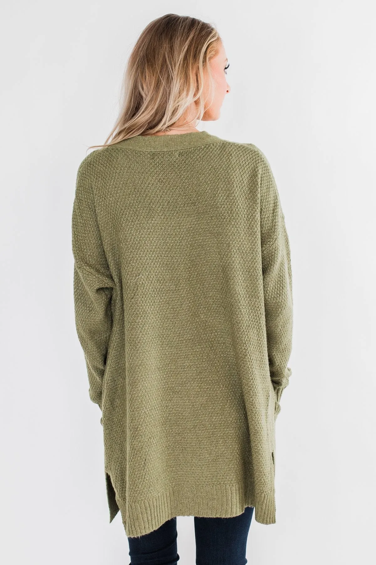 Cozy As Can Be Long Knitted Cardigan- Olive