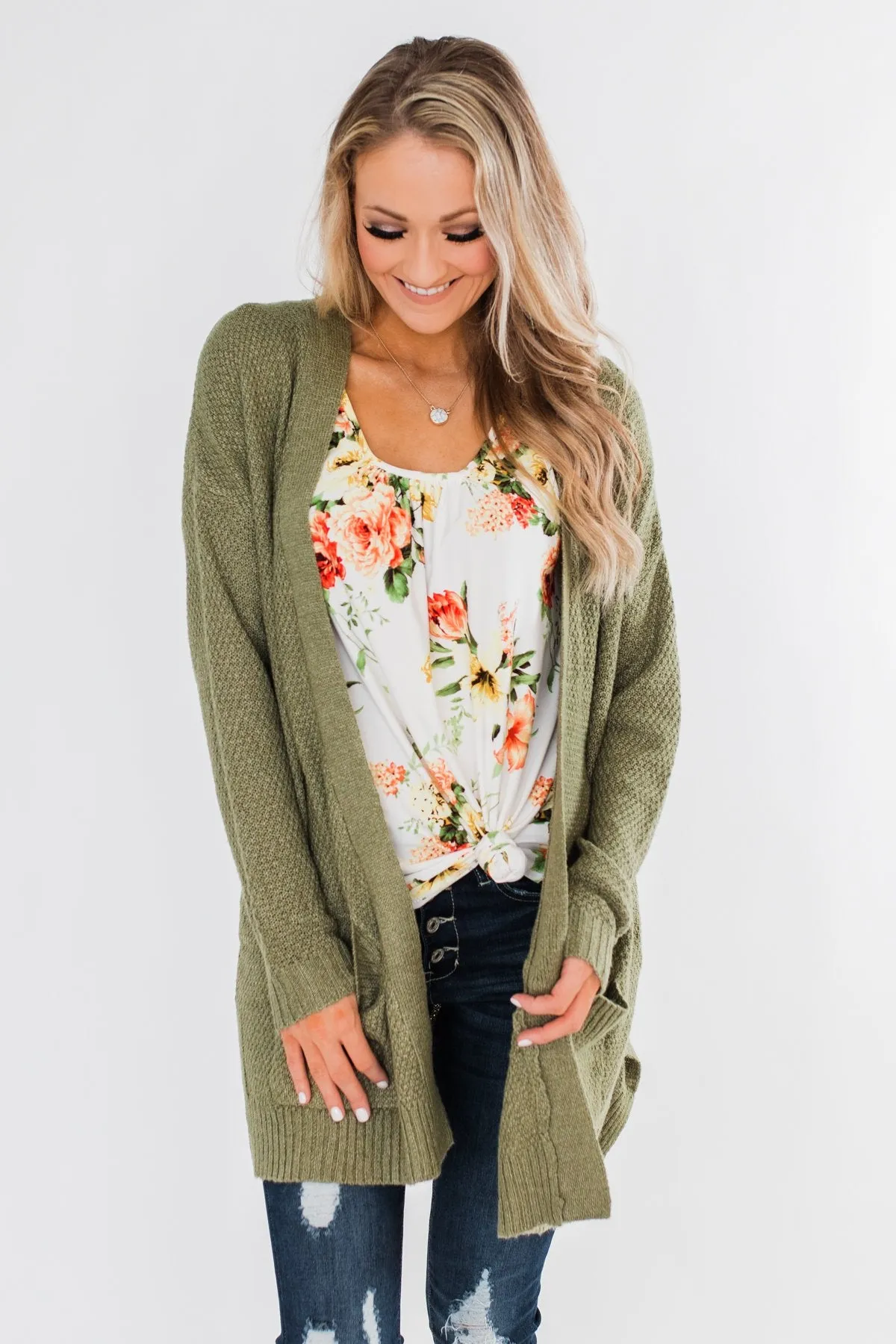 Cozy As Can Be Long Knitted Cardigan- Olive