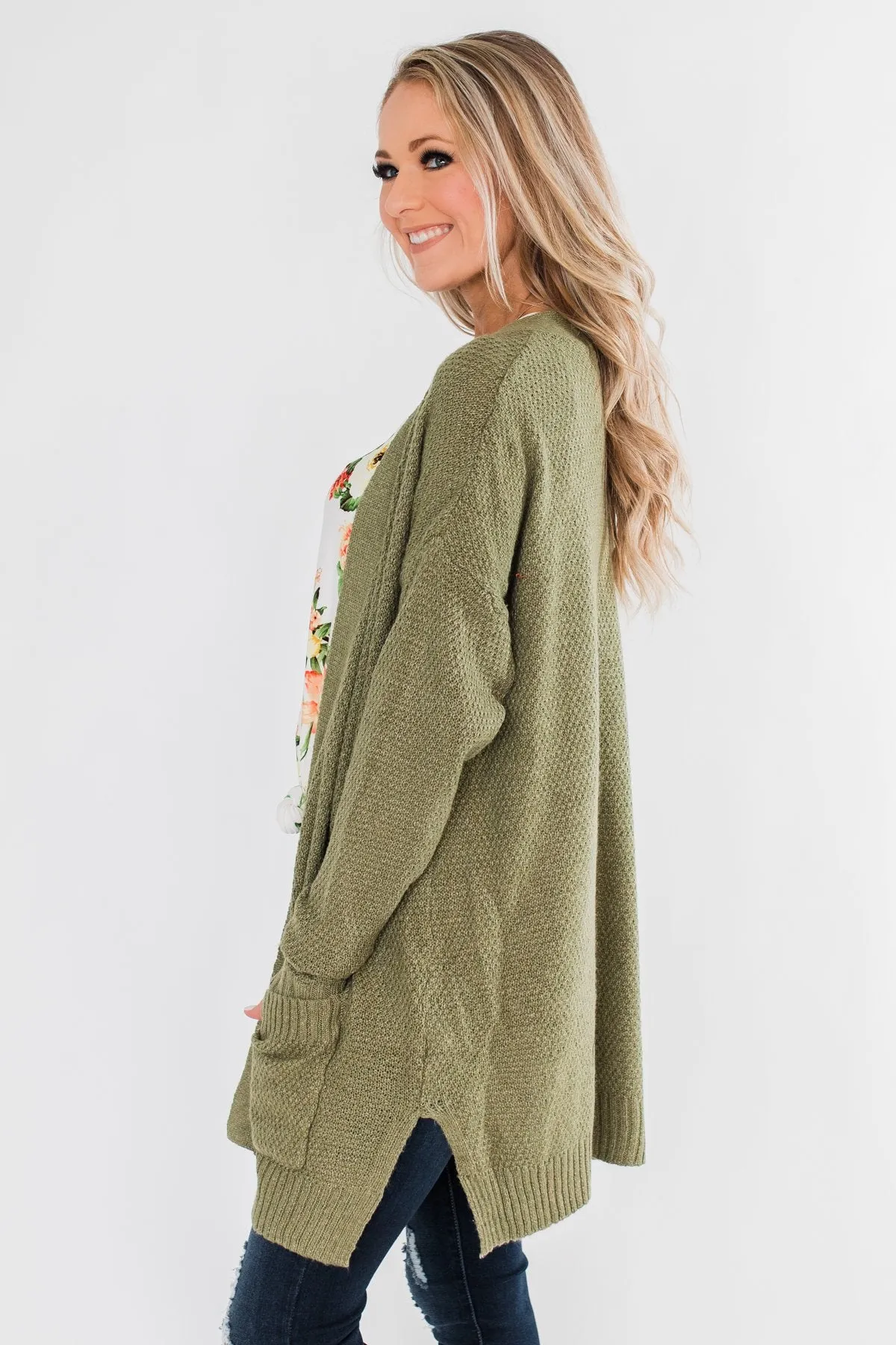 Cozy As Can Be Long Knitted Cardigan- Olive