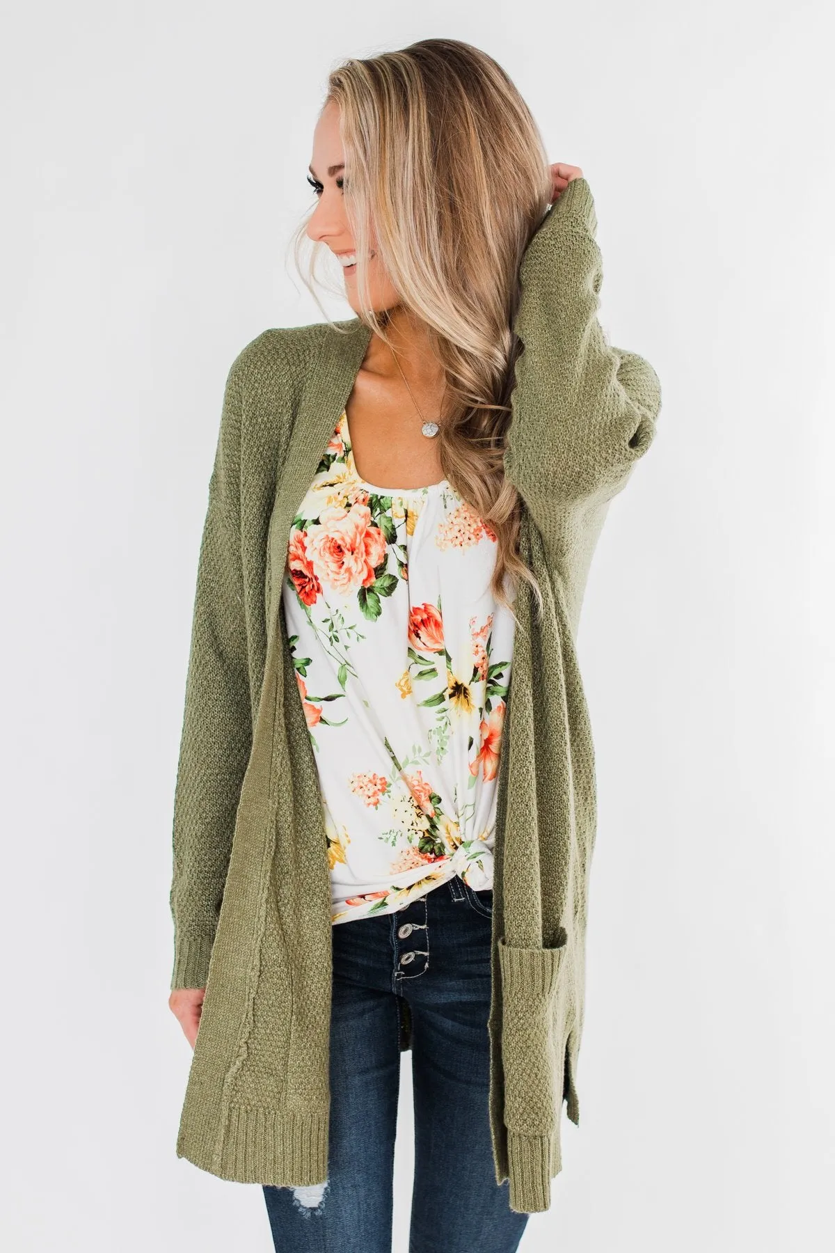 Cozy As Can Be Long Knitted Cardigan- Olive