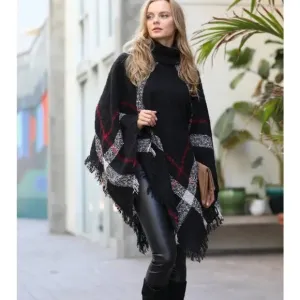 Cozy High Neck Plaid Pattern Poncho w/ Fringe