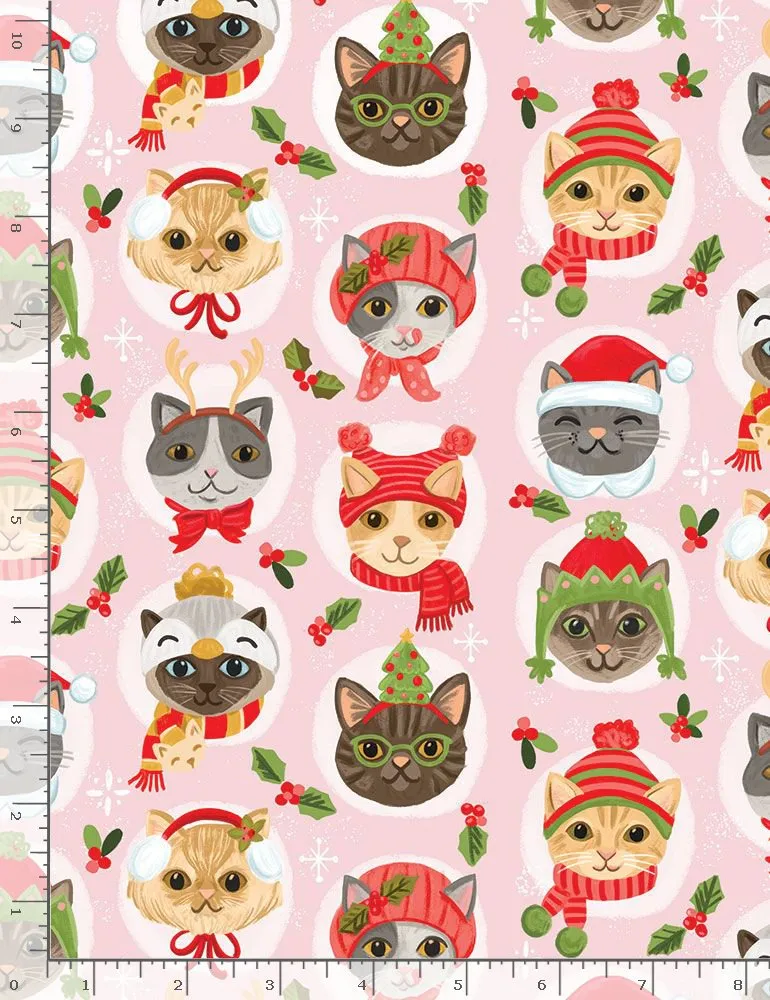 Cozy Holidays, Cat Faces in Holiday Hats - fat quarter