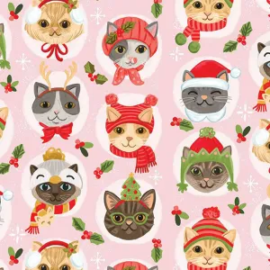 Cozy Holidays, Cat Faces in Holiday Hats - fat quarter