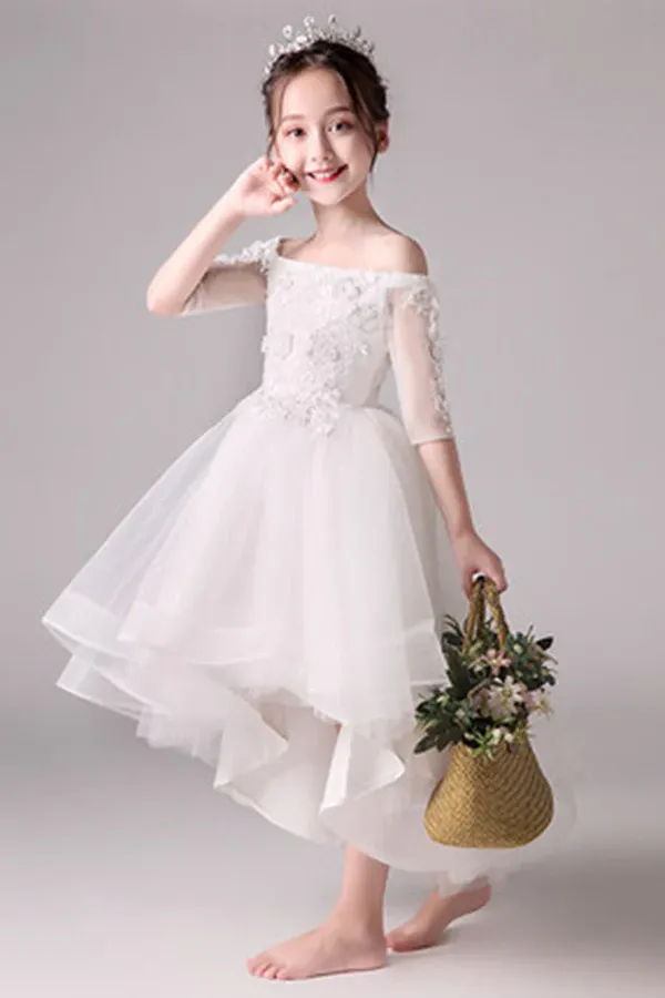 Cute Off The Shoulder High Low Half Sleeves Tulle Flower Girl Dresses APF0013