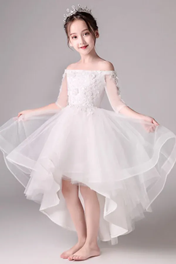 Cute Off The Shoulder High Low Half Sleeves Tulle Flower Girl Dresses APF0013