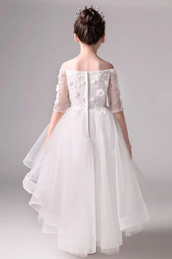 Cute Off The Shoulder High Low Half Sleeves Tulle Flower Girl Dresses APF0013