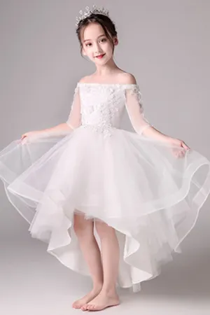 Cute Off The Shoulder High Low Half Sleeves Tulle Flower Girl Dresses APF0013